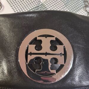 Tory Burch Black Leather Clutch with Silver Logo